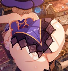 1girl all_fours andro_juniarto ass back backboob bare_shoulders book bottle breasts brown_hair curvy flower genshin_impact hair_over_shoulder hat huge_ass huge_breasts inkwell lace lace-trimmed_legwear lace_trim leotard lisa_(genshin_impact) long_hair paper purple_flower purple_hat purple_leotard purple_rose quill rose scroll solo thick_thighs thighhighs thighs top-down_bottom-up wide_hips witch_hat wooden_floor