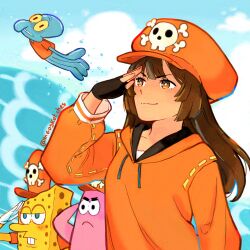 1girl 3boys absurdres black_gloves brown_eyes brown_hair cosplay crossover fingerless_gloves gloves group_picture guilty_gear guilty_gear_strive hat highres hood hoodie long_hair mango_(mgosketches) may_(guilty_gear) may_(guilty_gear)_(cosplay) multiple_boys orange_hat orange_hoodie patrick_star salute sponge spongebob_squarepants spongebob_squarepants_(series) squidward_tentacles upper_body
