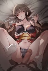 1boy 1girl absurdres bare_shoulders black_bra black_panties bra breasts brown_hair censored closed_eyes commission feet highres indoors japanese_clothes kimono large_breasts mosaic_censoring navel no_shoes open_clothes open_kimono original panties penis rape sakuma_shiki skeb_commission sleep_molestation socks soles solo_focus spread_legs tabi underwear white_socks