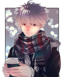 1boy black_jacket blush closed_mouth commentary_request cup disposable_coffee_cup disposable_cup hair_between_eyes highres holding holding_cup jacket layered_sleeves long_sleeves looking_at_viewer male_focus mushi_kei nagisa_kaworu neon_genesis_evangelion patterned_clothing red_eyes scarf shirt short_hair smile snowing solo upper_body white_hair white_shirt winter winter_clothes
