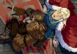 2boys androgynous artist_name belt blonde_hair blue_eyes canute closed_eyes closed_mouth curled_up dagger eyelashes floor frills fur_trim hood knife looking_at_viewer lying male_focus mikaosart multiple_boys prince sidelocks sitting sleeping sleeping_on_person thorfinn viking vinland_saga weapon wooden_floor
