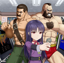 1girl 2boys abs arcade arcade_cabinet beard blue_eyes brown_eyes brown_hair chest_hair clenched_hand coin dress facial_hair final_fight green_pants guile high_score_girl highres indoors long_sleeves mike_haggar mohawk multiple_boys muscular mustache navel neck_ribbon oono_akira pants pink_eyes pink_ribbon poster_(object) purple_dress purple_hair ribbon standing street_fighter taka_(takahirokun) veins zangief