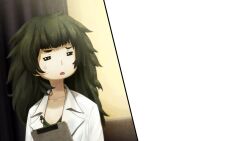 1girl :o =_= blunt_bangs clipboard closed_mouth clothing_request coat collar collarbone comedic_sweatdrop dress flat_chest game_cg green_collar green_hair green_trim grey_dress highres hiyajou_maho holding holding_clipboard huke lab_coat long_hair long_sleeves messy_hair nervous_sweating non-web_source official_art open_clothes ringed_eyes shirt solo square_pupils steins;gate steins;gate_0 sweat sweatdrop thick_eyebrows transparent_background very_long_hair white_coat white_shirt