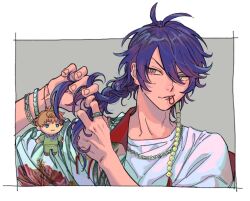 Rule 34 | 1boy, adam&#039;s apple, antenna hair, arisugawa dice, asymmetrical hair, blue hair, bracelet, braid, braiding hair, busujima rio mason, chain, chain necklace, character doll, collared shirt, contrast collar, dice hair ornament, doll, fang, fingernails, grey background, hair between eyes, hair ornament, hair tie in mouth, hairdressing, hawaiian shirt, hypnosis mic, jewelry, long hair, looking to the side, male focus, merchandise, mouth hold, multiple bracelets, necklace, nitada, official alternate costume, open clothes, open shirt, outside border, parted bangs, portrait, ring, shirt, short hair, single off shoulder, skin fang, smirk, solo, t-shirt, v-shaped eyebrows, white background, white shirt