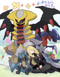 1girl absurdres black_coat black_pants blonde_hair blush breasts cleavage coat commentary_request creatures_(company) cynthia_(pokemon) fur-trimmed_coat fur_trim game_freak garchomp gen_4_pokemon giratina giratina_(altered) hair_over_one_eye highres legendary_pokemon long_coat long_hair lucario medium_breasts mitsuha_(bless_blessing) nintendo pants pokemon pokemon_(creature) pokemon_dppt roserade sharp_teeth sitting sleeping sparkle spikes teeth togekiss translation_request tree wings