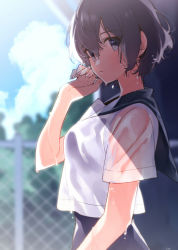 1girl blouse blue_sailor_collar blurry blurry_background blush brown_eyes brown_hair check_commentary cloud commentary_request day depth_of_field dripping female_focus fence from_side hair_between_eyes hand_up highres looking_at_viewer original outdoors parted_lips sailor_collar school_swimsuit school_uniform serafuku shirt short_hair short_sleeves solo sparkle swimsuit swimsuit_under_clothes tree u35 water wet wet_clothes wet_hair wet_shirt white_shirt