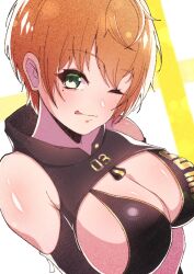 Rule 34 | 1girl, ;p, adapted costume, bikini, black bikini, breasts, brown hair, cleavage, goddess of victory: nikke, green eyes, kamitsune28rita, large breasts, lily artemis ii (stellar blade), looking at viewer, mole, mole under eye, one eye closed, short hair, simple background, smile, solo, stellar blade, swimsuit, tongue, tongue out, upper body