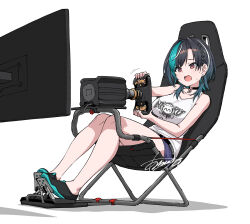 1girl absurdres aqua_hair asanaya bare_shoulders black_hair black_shoes blush braid breasts chair choker commentary_request foot_pedal highres hololive hololive_dev_is long_hair monitor multicolored_hair open_mouth playing_games red_eyes rindo_chihaya shoes sitting solo steering_wheel tank_top two-tone_hair virtual_youtuber