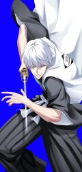 1boy absurdres black_hakama bleach blue_background blue_eyes commentary eyebrows_hidden_by_hair feet_out_of_frame fighting_stance grey_hair hakama haori highres holding holding_sword holding_weapon ichimaru_gin incoming_attack japanese_clothes kuni_929 long_sleeves looking_at_viewer male_focus parted_lips short_hair simple_background smile solo standing sword taichou_haori tsurime twitter_username v-shaped_eyebrows veins veiny_arms wakizashi weapon wide_sleeves