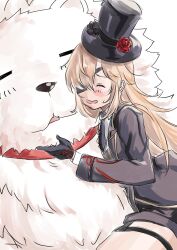 1girl animal ankoh black_coat black_footwear black_gloves black_necktie black_shorts black_vest blonde_hair blue_eyes blush breasts closed_eyes coat collared_shirt eyepatch gloves goddess_of_victory:_nikke guillotine_(dark_tracer)_(nikke) guillotine_(nikke) hat highres lion loafers long_hair necktie official_alternate_costume red_coat shirt shoes shorts sketch small_breasts socks timi_(nikke) top_hat two-sided_coat two-sided_fabric vest wavy_hair white_shirt white_socks