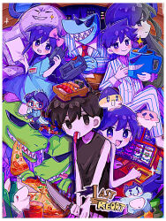Rule 34 | 3girls, 6+boys, antenna hair, aubrey (headspace) (omori), aubrey (omori), barefoot, berly (omori), black eyes, black hair, black tank top, blue shirt, blush, bow, brows (omori), closed mouth, colored skin, fish (food), food, gator guy (omori), glasses, grin, hair bow, happy (omori), hero (headspace) (omori), hero (omori), highres, holding, holding knife, holding paper, holding phone, kel (headspace) (omori), kel (omori), knife, lanyard, long hair, long sleeves, looking at viewer, mari (faraway) (omori), mari (headspace) (omori), mari (omori), mr. jawsum, mugi062, multiple boys, multiple girls, name tag, nose (omori), omori, omori (omori), open mouth, own hands clasped, own hands together, pajamas, paper, parted lips, phone, pink bow, pizza, pluto (omori), purple eyes, purple hair, red-framed eyewear, round eyewear, sashimi, sharp teeth, shirt, short hair, short sleeves, slot machine, smile, sparkle, sunglasses, tank top, teeth, tongue, tongue out, upper teeth only, van (omori), white skin