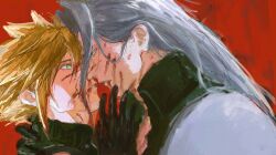 2boys absurdres armor black_gloves blonde_hair blood blood_from_mouth blood_in_hair blood_on_face cloud_strife dark_persona dosukoi_tsukimiyama final_fantasy final_fantasy_vii gloves green_eyes grey_hair hair_behind_ear hand_on_another&#039;s_chin hand_on_another&#039;s_neck highres imminent_kiss long_hair looking_at_another male_focus multiple_boys pauldrons possessed sephiroth short_hair shoulder_armor slit_pupils spiked_hair yaoi