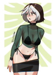 1girl bikini blush breasts brown_hair choker colored_bangs green_eyes highres marvel multicolored_hair rogue_(x-men) see-through_clothes selvish94 skirt solo swimsuit two-tone_hair undressing white_hair x-men x-men_evolution
