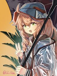 1girl :d ahoge arknights bad_tag brown_hair chinese_commentary commentary_request cuora_(arknights) cuora_(quadrangle)_(arknights) green_eyes grey_hat hair_between_eyes hat highres holding holding_umbrella long_hair long_sleeves looking_at_viewer open_mouth sakuratani_hane smile solo umbrella v