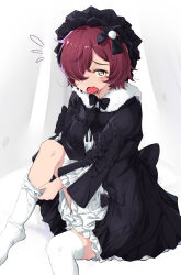 1girl :o absurdres adjusting_sock aokaly black_bow black_bowtie black_dress black_hat bow bowtie brown_hair dress dressing flying_sweatdrops hair_bow hair_over_one_eye hat highres komari_chika long_sleeves looking_at_viewer make_heroine_ga_oo_sugiru! sitting thighhighs white_thighhighs yellow_eyes
