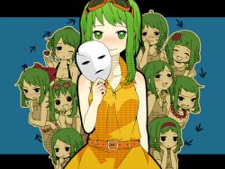 1girl angry bad_id bad_pixiv_id blush glasses green_eyes green_hair gumi juu_mensou_(vocaloid) katagiri_(mighty_swing) multiple_persona one_eye_closed revision short_hair smile tears tongue vocaloid