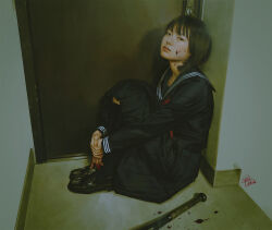 1girl artist_name asian baseball_bat black_hair black_pantyhose black_serafuku black_shoes blood blood_on_face blood_on_hands blue_sailor_collar blue_serafuku blue_skirt bob_cut brown_eyes commentary curled_up door highres hugging_own_legs lips loafers long_skirt long_sleeves neckerchief original pablo_uchida pantyhose parted_lips photorealistic real_life realistic red_neckerchief sailor_collar school_uniform serafuku shoes short_hair signature sitting skirt solo tsubasa_hazuki