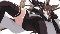 Rule 34 | 1girl, animal ears, blush, breasts, brown hair, cait aron, cameltoe, closed eyes, detached sleeves, extra ears, galleon (granblue fantasy), granblue fantasy, highres, horns, large breasts, long hair, multicolored hair, pointy ears, solo, spread legs, streaked hair, thighs