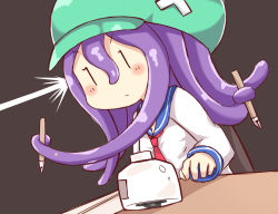 1girl bad_id bad_pixiv_id blue_sailor_collar brown_background closed_mouth female_focus green_hat greenteaneko hat highres ink_pen inkwell long_sleeves necktie newtype_flash nib_pen_(object) original paper pen prehensile_hair purple_hair red_necktie sailor_collar school_uniform serafuku shirt simple_background solo table tentacle_hair white_shirt |_|