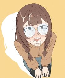 1girl blush braid coke-bottle_glasses cum cum_in_mouth cum_on_body cum_on_eyewear cum_on_hair facial glasses highres jewelry mole mole_above_mouth open_mouth original realda_(vibrantrida) ring solo swept_bangs third-party_edit twin_braids vibrantrida