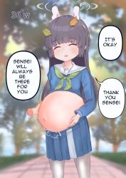 1girl ahoge animal_ears artist_name big_belly black_hair blue_archive blush closed_eyes english_text fake_animal_ears halo highres hime_cut inflation leaf leaf_on_head long_hair long_sleeves looking_at_viewer miyu_(blue_archive) mochii89 navel open_mouth pantyhose pregnancy_halo pregnant school_uniform serafuku skirt solo stomach variant_set