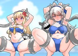 Rule 34 | 2girls, abyssal ship, ahoge, arms up, bikini, blonde hair, blue bikini, blue eyes, blue hairband, blush, breasts, double bun, enemy naval mine (kancolle), fletcher (kancolle), fletcher mk ii (kancolle), fletcher mk ii (swimsuit) (kancolle), flower, full-face blush, furaggu (frag 0416), grey hair, hair bun, hair flower, hair ornament, hairband, highres, hypnosis, kantai collection, large breasts, long hair, mind control, multiple girls, navel, official alternate costume, purple eyes, red flower, restrained, sailor bikini, sailor collar, spread legs, swimsuit, tentacles, very long hair, washington (kancolle), washington (swimsuit) (kancolle)