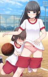 2girls :o accidental_exposure accidental_pervert assisted_exposure bare_arms basketball black_hair blue_eyes blush bow bow_panties brown_hair clothes_pull day drawstring embarrassed faceless faceless_female faceless_male groin gym_shirt gym_shorts gym_uniform highres lakuha_(dwtk2424) long_hair motion_blur multicolored_panties multiple_girls open_mouth original outdoors panties pantsing pink_panties pink_shoes polka_dot polka_dot_panties print_panties pulling_another&#039;s_clothes red_bow red_shorts school_uniform shirt shoes short_sleeves shorts shorts_pull sweatdrop t-shirt thighs underwear wardrobe_malfunction white_polka_dots white_shirt