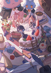 2boys absurdres arknights bieshi bird black_jacket blue_bird blue_eyes blue_hair blueberry brown_pants cake candle chibi choshanland_plushy_(arknights) colored_inner_hair commentary cup cupcake feather_hair food fruit full_body gradient_hair happy_birthday highres holding holding_spoon inkwell jacket jacket_on_shoulders ladder looking_at_another lumen_(arknights) male_focus mini_person miniboy mug multicolored_hair multiple_boys orange_hair pants parted_bangs passenger_(arknights) placemat pointy_ears quill robe short_hair spoon strawberry symbol-only_commentary umbrella white_robe yellow_eyes