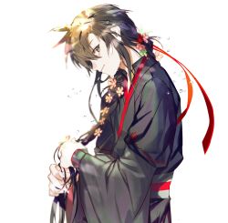 Rule 34 | 1boy, ahoge, alternate hairstyle, black hair, black hanfu, blurry, braid, braided ponytail, braiding hair, brown eyes, chinese clothes, closed mouth, flower, from side, girly boy, hair between eyes, hair flower, hair ornament, hair over shoulder, hair ribbon, hairdressing, hanfu, highres, holding, holding own hair, jujeop, korean commentary, long hair, long sleeves, looking at viewer, male focus, modao zushi, pink flower, profile, red ribbon, red sash, ribbon, robe, sash, sidelocks, simple background, single braid, sleeves past wrists, smile, solo, sunlight, upper body, very long hair, water drop, wei wuxian, wet, wet hair, white background, wide sleeves