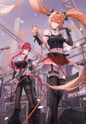 Rule 34 | 2girls, absurdres, ahoge, alternate costume, amplifier, band (music), bare shoulders, black boots, black bra, black camisole, black choker, black gloves, black nails, black pantyhose, black skirt, black thighhighs, boots, bra, bra peek, breasts, brown hair, building, camisole, choker, cleavage, commentary, contemporary, crop top, cross, cross earrings, ear piercing, earrings, eiyuu densetsu, elbow gloves, electric guitar, english commentary, estelle bright, expressionless, feet out of frame, floating hair, folded ponytail, gloves, guitar, hair between eyes, hair ornament, hair ribbon, hands up, heart, heart choker, highres, holding, holding guitar, holding instrument, holding microphone, instrument, jewelry, large breasts, long hair, looking at object, medium breasts, microphone, midriff, multiple girls, nail polish, navel, navel piercing, necklace, o-ring, o-ring thigh strap, orange skirt, outdoors, pantyhose, parted lips, piercing, pink hair, red eyes, red nails, ribbon, ring, sara valestein, sen no kiseki (series), single elbow glove, skirt, skyscraper, sora no kiseki, stage, stage lights, strap slip, thigh strap, thighhighs, twintails, underwear, very long hair, wind, yellow eyes, yuzuriha (atelier liang), zettai ryouiki