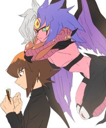 black_shirt blue_eyes blue_hair brown_eyes brown_hair card claws collared_shirt colored_skin demon_girl demon_wings duel_monster elbow_on_another&#039;s_head extra_eyes facial_mark heterochromia high_collar highres holding holding_card multicolored_hair orange_eyes owk_vs pink_skin shirt spiked third_eye white_hair wings yu-gi-oh! yu-gi-oh!_gx yubel yuki_judai