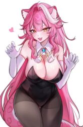 1girl alternate_costume animal_ear_fluff animal_ears astroyuna black_leotard black_pantyhose blue_gemstone breasts cleavage detached_collar elbow_gloves gem gloves heart highres hololive hololive_english large_breasts leotard long_hair looking_at_viewer open_mouth panther_ears panther_girl panther_tail pantyhose pink_hair raora_panthera solo strapless strapless_leotard tail virtual_youtuber white_gloves white_streaks yellow_eyes