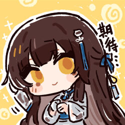 1girl blush_stickers breasts brown_hair chibi chibi_only chinese_commentary chinese_text cui_pi_zha_xia_qiu daiyan_(neural_cloud) girls&#039;_frontline girls&#039;_frontline_neural_cloud hairband large_breasts looking_at_viewer mole mole_under_eye official_art outline own_hands_together second-party_source smile solo sparkle type_95_(girls&#039;_frontline) white_outline yellow_eyes