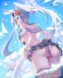 &gt;_&lt; 2girls absurdres ahoge alternate_costume alternate_hairstyle ass battery_indicator beach bikini bikini_skirt black_bikini black_skirt blue_archive blush breasts cloud cloudy_sky commentary_request day eyewear_on_head falling_feathers feathers flashbang flower frilled_thigh_strap from_behind grey_hair hair_flower hair_ornament head_wings highres long_hair looking_at_viewer looking_back low_twintails medium_breasts multiple_girls ocean patanda recording red_eyes red_flower reisa_(blue_archive) sideways_glance single_head_wing skirt sky solo_focus striped_bikini striped_clothes sunglasses suzumi_(blue_archive) swimsuit thigh_strap twintails viewfinder wading white_bikini white_feathers white_hair wings