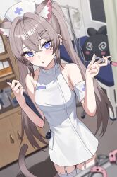 1girl absurdres animal_ears armband bare_arms bare_shoulders blue_eyes blurry breasts brown_hair cat_ears cat_tail cuffs depth_of_field dress extra_ears facial_mark garter_straps hair_ornament hairclip handcuffs hat highres holding holding_syringe indie_virtual_youtuber indoors long_hair looking_at_viewer nurse nurse_cap open_mouth seorang_(vtuber) sleeveless sleeveless_dress small_breasts solo suumon syringe tail thighhighs twintails virtual_youtuber whisker_markings white_dress white_thighhighs zettai_ryouiki