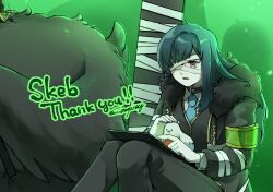 1other armband bandage_over_one_eye black_coat black_pants blue_hair blue_necktie chain coat commission e.g.o_(project_moon) employee_(project_moon) green_armband highres judgement_bird justitia_(e.g.o) knees_up lobotomy_corporation long_hair looking_to_the_side necktie nugget_(project_moon) open_mouth original pants project_moon punishing_bird red_eyes sitting skeb_commission yatsumeunagi