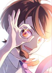 Rule 34 | 1girl, :d, braid, brown eyes, brown hair, hair ornament, hairclip, highres, juliana (pokemon), looking at viewer, lower teeth only, necktie, nintendo, open mouth, pokemon, pokemon sv, purple necktie, saotome (neptune 0416), school uniform, shirt, single braid, smile, solo, teeth, upper body, uva academy school uniform, white background, white shirt
