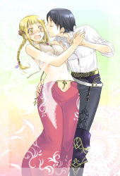 1boy 1girl artist_request blonde_hair blush braid breasts closed_mouth final_fantasy final_fantasy_xii final_fantasy_xii_revenant_wings larsa_ferrinas_solidor long_hair midriff aged_up penelo short_hair source_request twintails