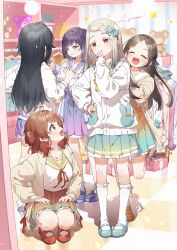 5girls ^_^ absurdres adjusting_another&#039;s_clothes ahoge black_hair blonde_hair blush bobby_socks bow brown_hair candy cardigan checkered_floor closed_eyes commentary_request facing_another flipped_hair flower food gakuen_idolmaster gradient_hair green_bow green_skirt hair_bow hair_flower hair_ornament hanami_ume hand_on_own_chin hataya_misuzu highres holding holding_candy holding_food holding_lollipop idolmaster indoors kuramoto_china lollipop long_hair long_sleeves looking_at_another mary_janes mole mole_under_mouth multicolored_hair multiple_girls pleated_skirt purple_hair purple_skirt school_uniform serafuku shinosawa_hiro shoes skirt smile socks squatting stroking_own_chin stuffed_animal stuffed_toy teddy_bear tsukimura_temari white_cardigan white_socks yukie_(kusaka_shi)