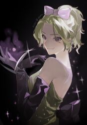 1girl back_bow backless_dress backless_outfit backlighting bare_shoulders bilibili_username black_background black_bow black_gloves bow breasts chinese_commentary closed_mouth commentary_request curtains dress elbow_gloves fang from_behind gloves green_hair hair_bow hands_up high_ponytail highres looking_at_viewer magic official_alternate_costume personification pink_bow plants_vs._zombies plants_vs._zombies_2 pokra_(plants_vs_zombies) ponytail short_hair simple_background small_breasts smile snniou solo sparkle strapless strapless_dress upper_body