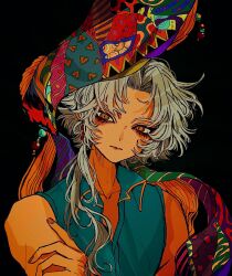 1boy aqua_vest bare_shoulders beads brown_eyes collared_vest curtained_hair eyelashes final_fantasy final_fantasy_ii firion grey_hair hand_on_own_arm highres long_hair looking_at_viewer male_focus multicolored_headscarf nayo_(kr_000515) orange_nails parted_bangs scarf slit_pupils solo unworn_headwear unworn_scarf upper_body vest