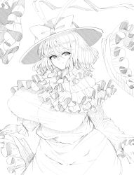 1girl absurdres aonori00 bow breasts capelet closed_mouth commentary_request frilled_capelet frilled_shawl frills greyscale hat hat_bow highres huge_breasts looking_at_viewer monochrome nagae_iku shawl shirt short_hair skirt smile solo touhou
