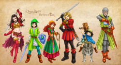 2girls 4boys aira_(dq7) curly_hair dragon_quest dragon_quest_vii fayse gabo hat hero_(dq7) hood kiefer long_hair maribel_(dq7) midriff multiple_boys multiple_girls navel red_hair sir_mervyn