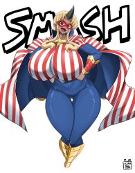 1girl absurdres blonde_hair bodysuit boku_no_hero_academia bracer breasts cape cosplay cowboy_shot dark-skinned_female dark_skin domino_mask fang gigantic_breasts highres horns huge_breasts long_hair long_sleeves looking_at_viewer mask monster_musume_no_iru_nichijou open_mouth pointy_ears red_eyes sidelocks simple_background single_horn smile solo standing star_and_stripe_(boku_no_hero_academia)_(cosplay) thick_thighs thigh_gap thighs tionishia virusotaku white_background wide_hips