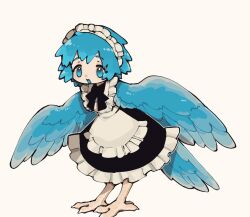 1girl apron bird_tail black_bow blue_eyes blue_feathers blue_hair blue_wings bow feathered_wings feathers frills full_body harpy i7go34 maid maid_apron maid_headdress monster_girl open_mouth original short_hair simple_background solo tail talons white_background wings