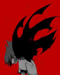 Rule 34 | 1boy, arms at sides, artist name, corruption, demon wings, dress shirt, facing to the side, grey hair, grey shirt, hair slicked back, highres, hunched over, leaning forward, looking to the side, male focus, nuumigranate, partially colored, red background, red eyes, school uniform, shadow, shirt, spiked hair, spot color, torn clothes, torn shirt, turning head, upper body, vector (yu-gi-oh!), wings, yu-gi-oh!, yu-gi-oh! zexal