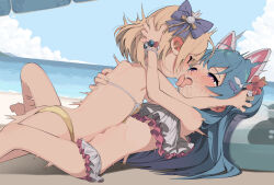 2girls absurdres animal_ears beach belly-to-belly bikini blonde_hair blue_hair blue_sky cloud day french_kiss girl_on_top highres hina_momo igarashi_haruna kiss kodomo_doushi loli mahjong_soul multiple_girls ocean open_mouth outdoors shiratama_mochi short_hair sky summer swimsuit tongue tongue_out yuri