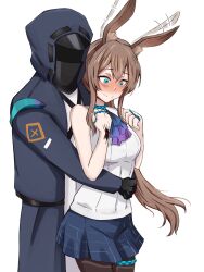 1boy 1girl amiya_(arknights) animal_ears arknights bare_shoulders black_coat black_gloves blue_eyes blue_skirt breasts brown_hair coat commentary doctor_(arknights) english_commentary excited flapping_ears from_side gloves hair_between_eyes hands_on_another&#039;s_stomach hands_up happy highres hug hug_from_behind infection_monitor_(arknights) jewelry long_hair looking_down material_growth medium_breasts miniskirt multiple_rings open_clothes open_coat oripathy_lesion_(arknights) pantyhose plaid_clothes plaid_skirt pleated_skirt ponytail rabbit_ears rabbit_girl ring selverna shirt skirt sleeveless sleeveless_shirt thigh_strap thumb_ring very_long_hair white_shirt
