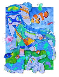 Rule 34 | 1girl, bag, beanie, blue boots, blue hair, blue shorts, blunt bangs, blush stickers, boots, border, bug, butterfly, closed mouth, digital media player, earflap beanie, f0rd 5 px, fish, full body, goggles, goggles on headwear, green hair, green shirt, grey hat, hat, highres, holding, idog, inkling, inkling girl, inkling player character, insect, ipod, ipod nano, ipod nano 7g, layered sleeves, long hair, long sleeves, multicolored hair, nintendo, orange bag, pac-man eyes, pom pom (clothes), pom pom beanie, shirt, short over long sleeves, short sleeves, shorts, shoulder bag, smile, solo, splatoon (series), standing, standing on one leg, t-shirt, tentacle hair, twintails, two-tone hair, very long hair, white border, yellow eyes