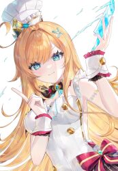 1girl aqua_eyes aqua_gemstone blonde_hair bow bowtie breasts brown_bow brown_bowtie chef_hat cleavage cowlick dress dress_bow dutch_angle escoffier_(genshin_impact) fork_hair_ornament frilled_dress frills gem genshin_impact gold_trim hair_between_eyes hands_up hat highres holding holding_knife index_finger_raised knife light_blush long_hair looking_at_viewer medium_breasts pudding_cream red_bow sidelocks simple_background socks toque_blanche very_long_hair white_background white_dress wrist_cuffs